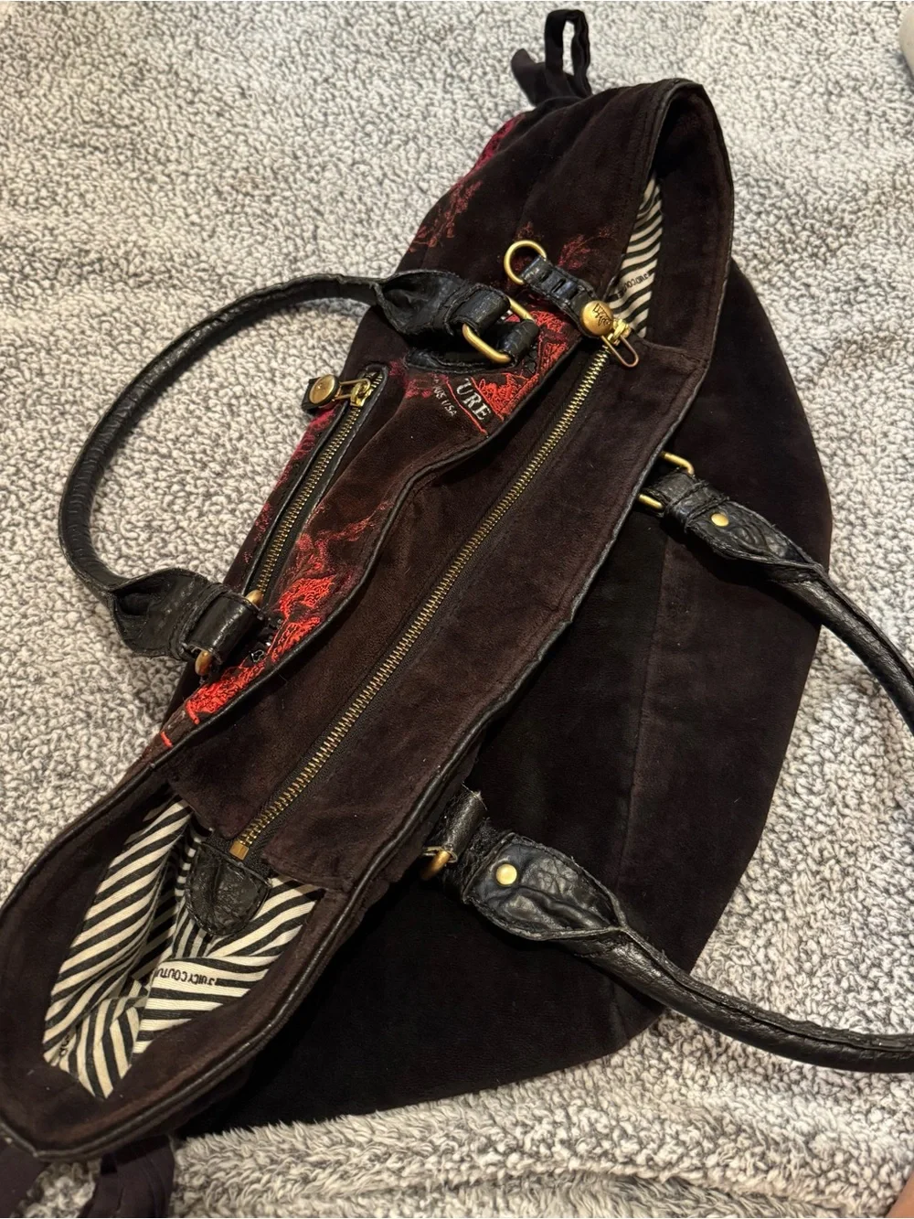 Juicy Couture Black Velvet Tote with Red Crest Motifs